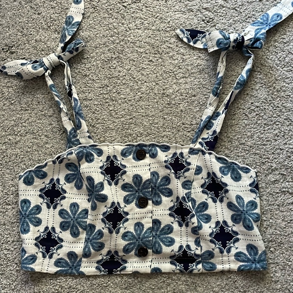 Agua Bendita for Target Blue White Cream Scalloped Cropped Top